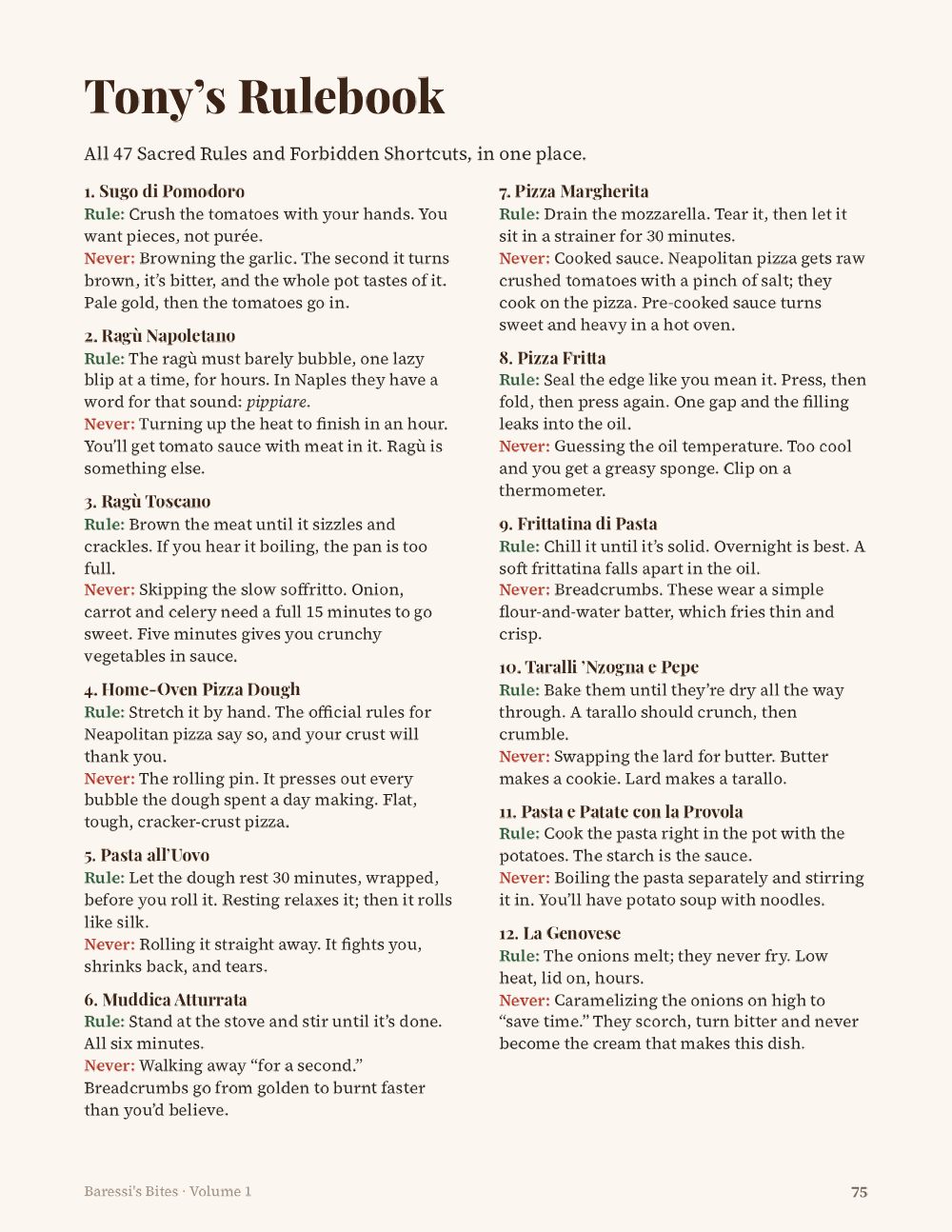 Volume 1 page: Tony's Rulebook